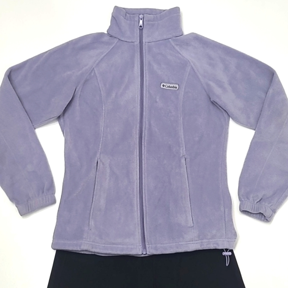 Columbia Fleece Jacket Front Zip Cord Toggle Brand Logo Mock Collar Full Zipper